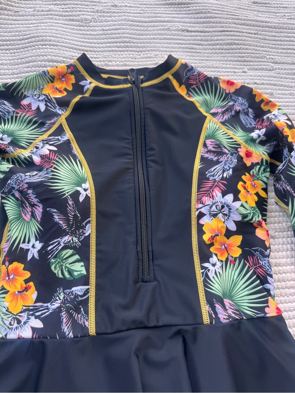 Amazon Black Tropical Floral Long-Sleeve Rash Guard Swim Dress with Yellow Trim - Picture 6 of 12